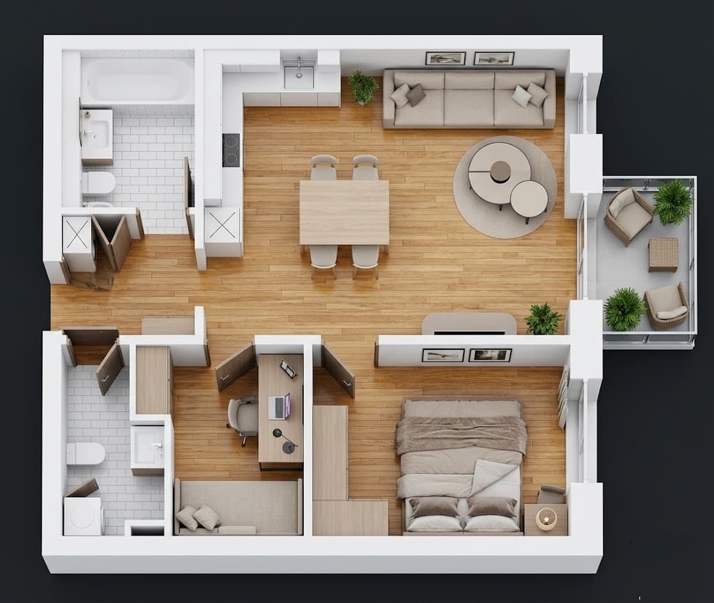 3D top-down architectural floor plan of a modern 2.5-room apartment