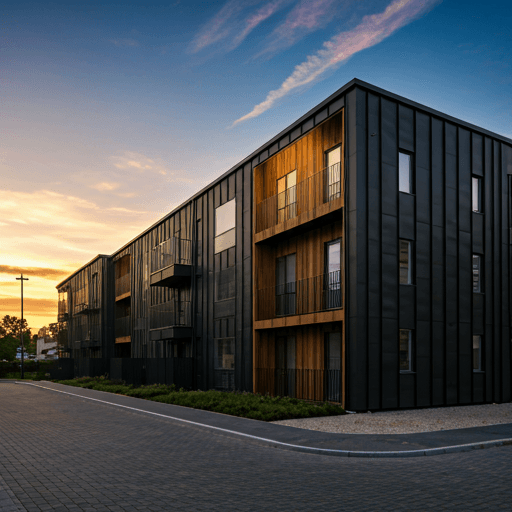 Modern residential building with dark metal accents and warm wood paneling at sunset