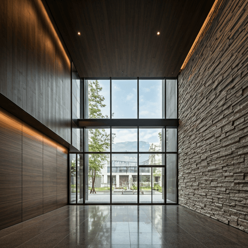 Modern apartment lobby with minimalist design, high ceilings, and floor-to-ceiling glass windows